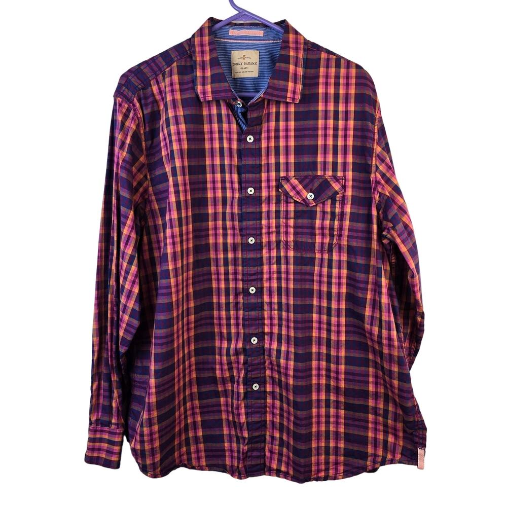 Tommy Bahama Shirt Men's XL Tropical Blue Pink Orange Plaid Cotton Coastal Beach